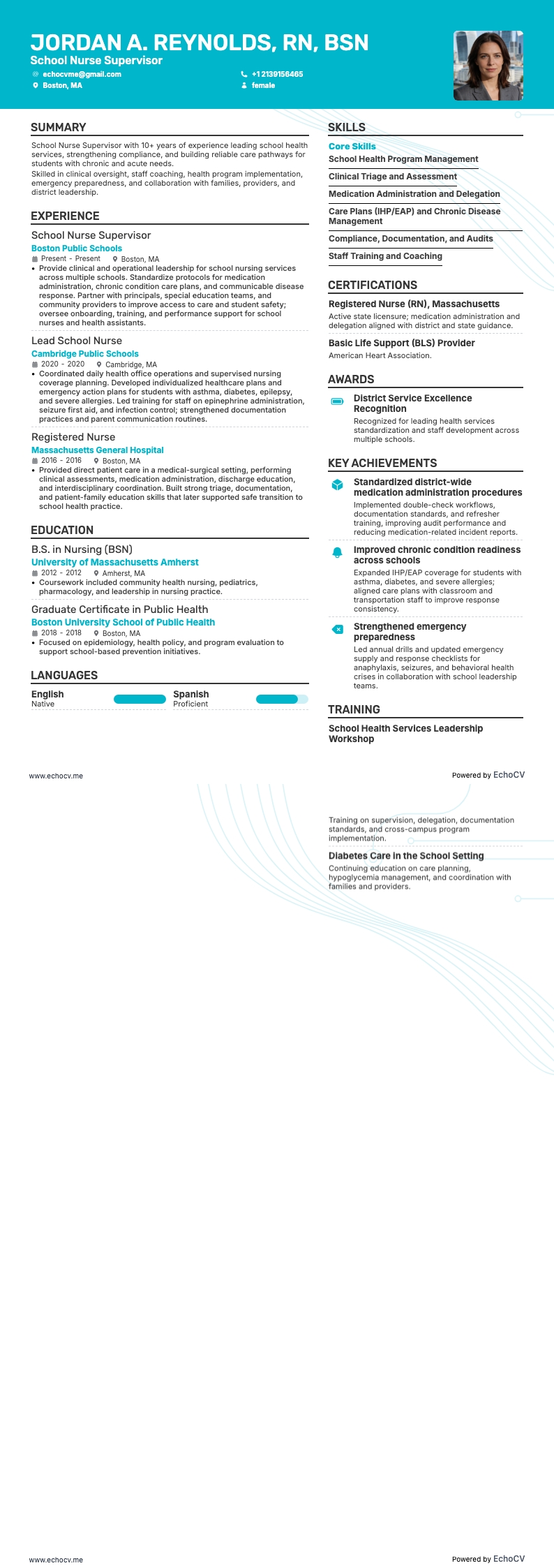 School Nurse Supervisor example resume