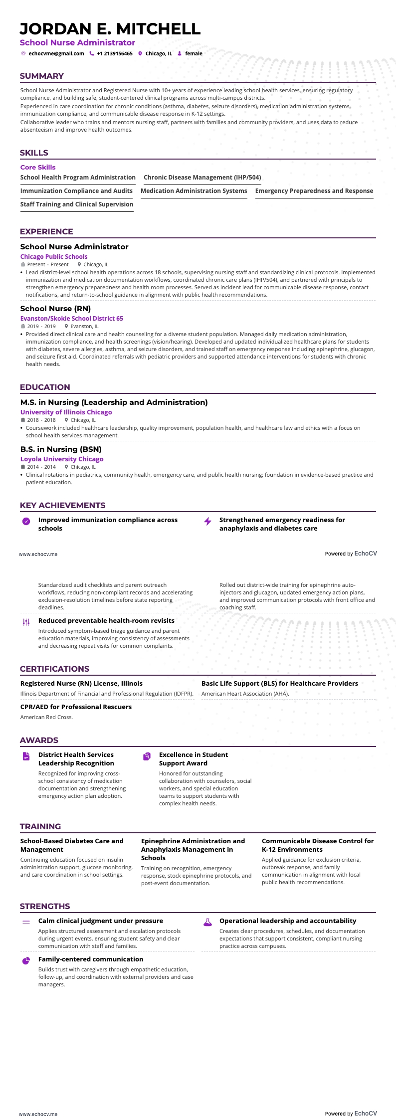 School Nurse Administrator example resume