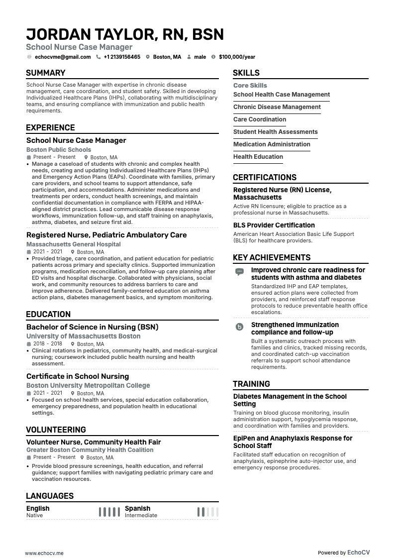 School Nurse Case Manager example resume