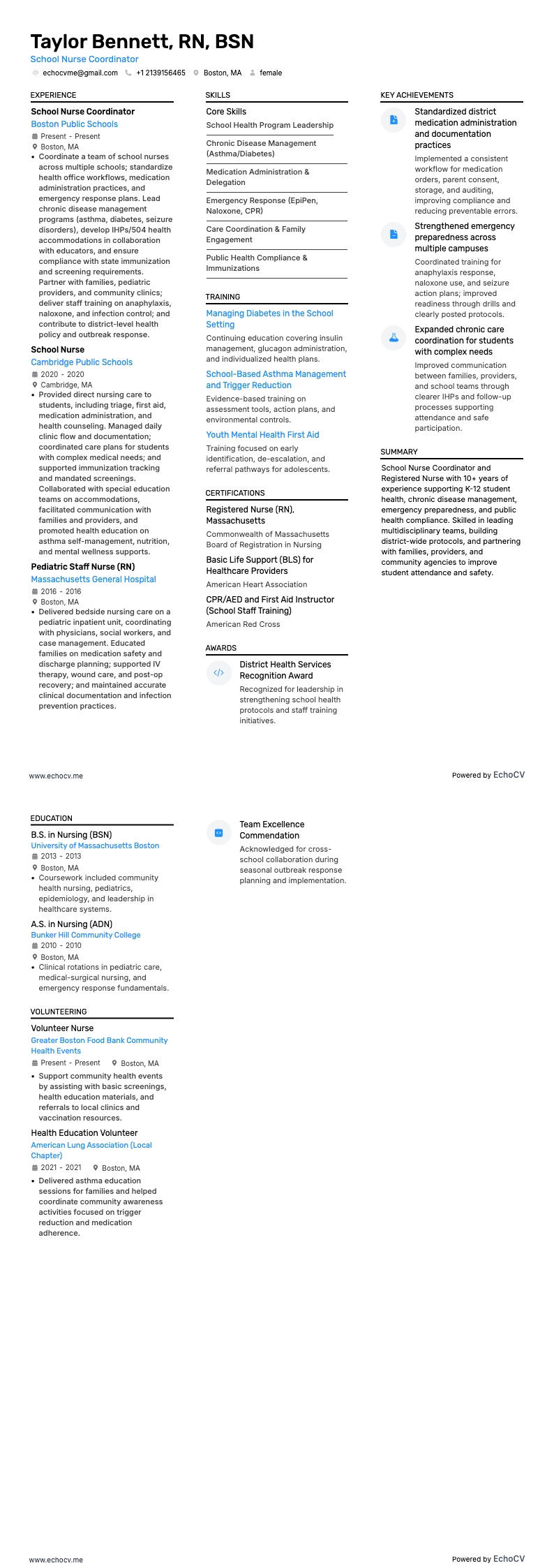 School Nurse Coordinator example resume