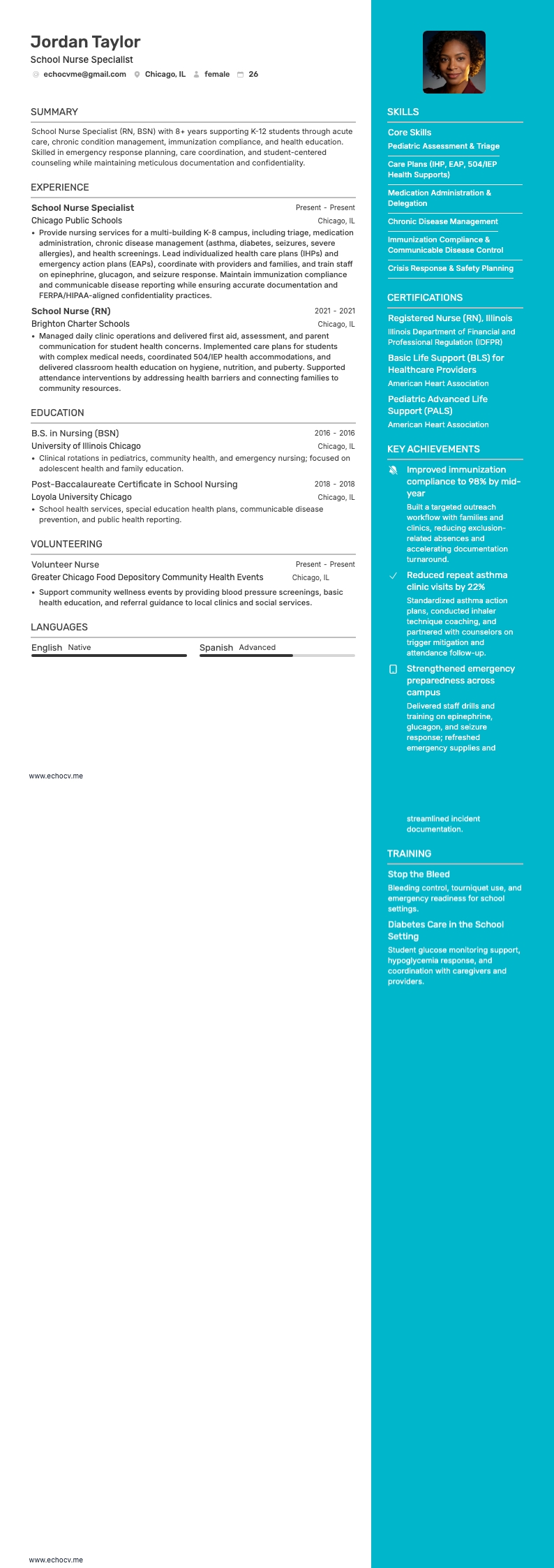 School Nurse Specialist example resume