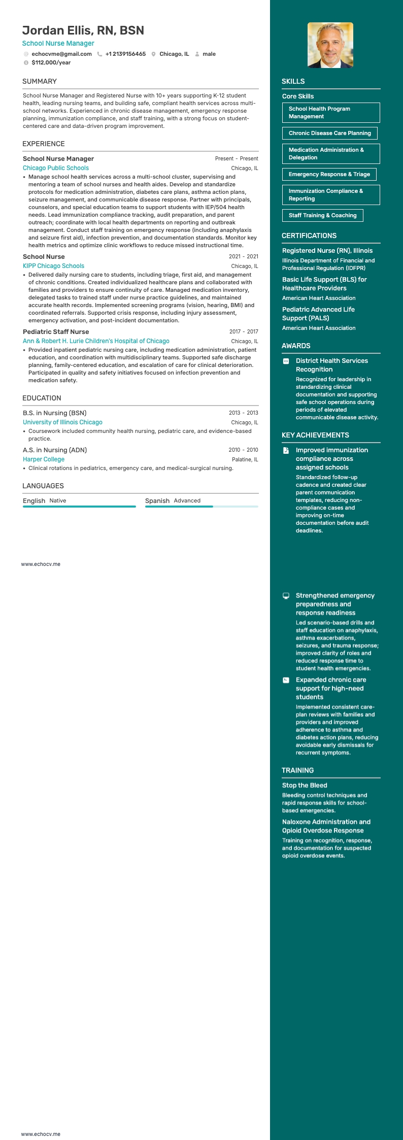 School Nurse Manager example resume