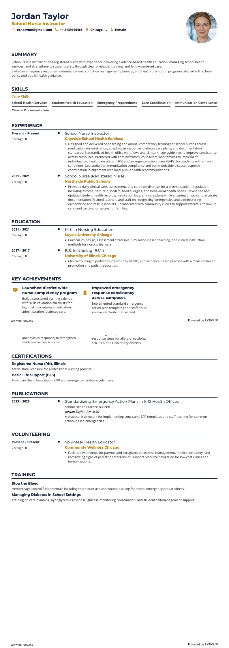 School Nurse Instructor example resume