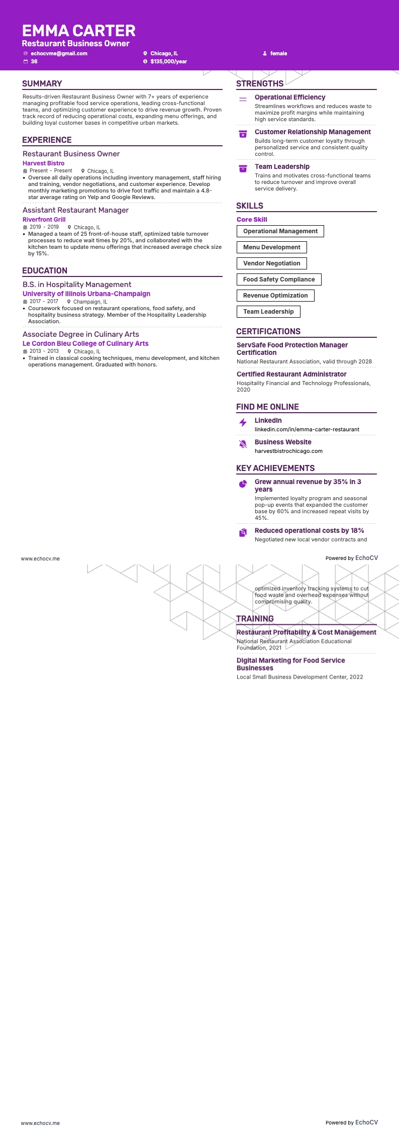 Ägare av restaurangverksamhet example resume