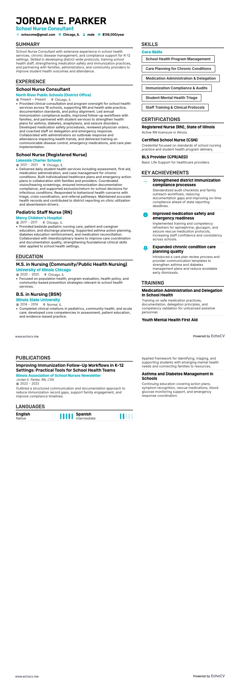 School Nurse Consultant example resume