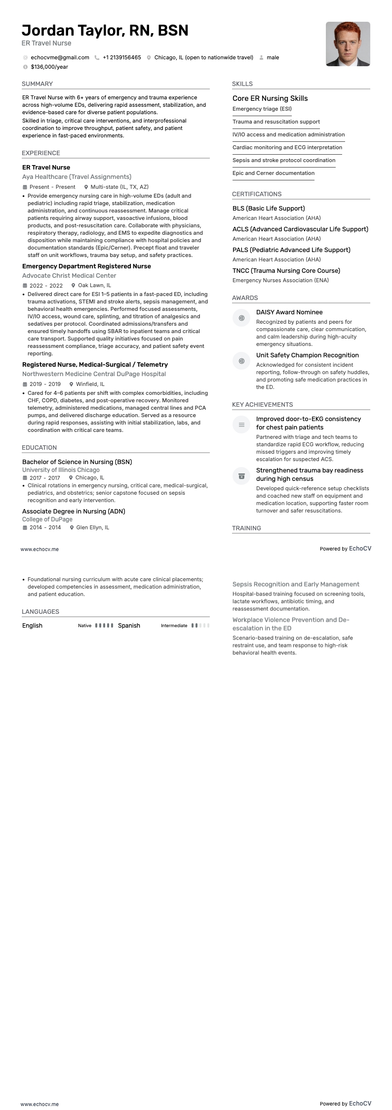 ER Travel Nurse example resume