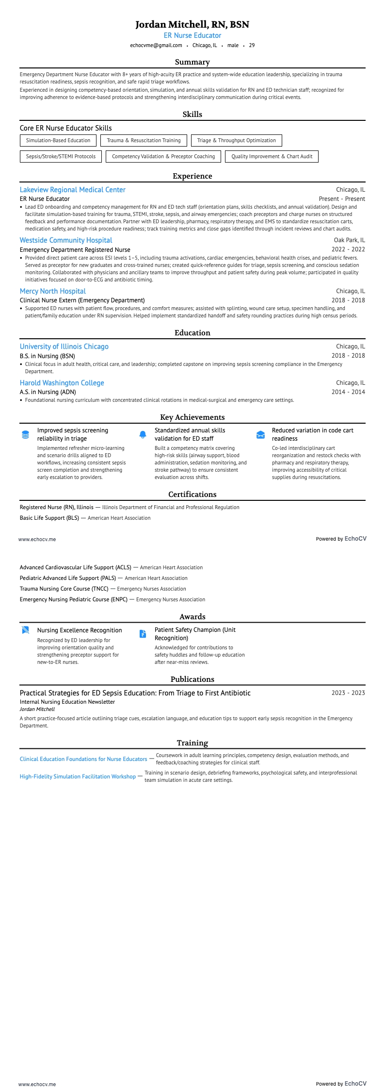 ER Nurse Educator example resume
