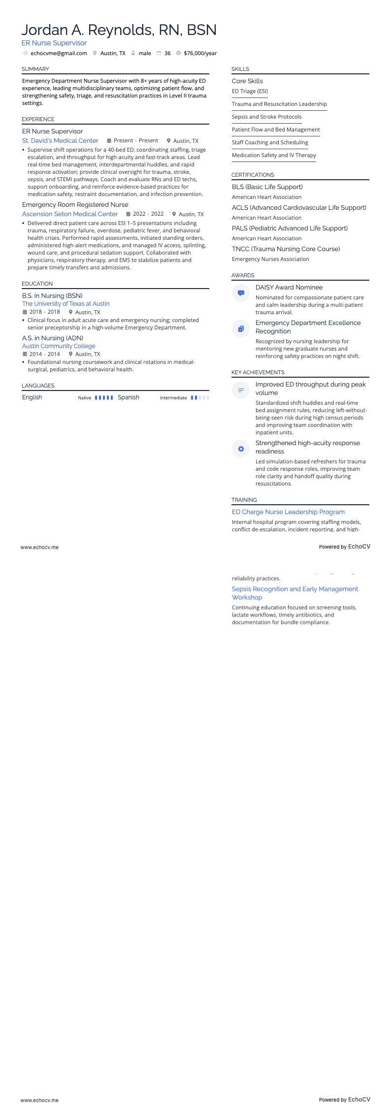 ER Nurse Supervisor example resume