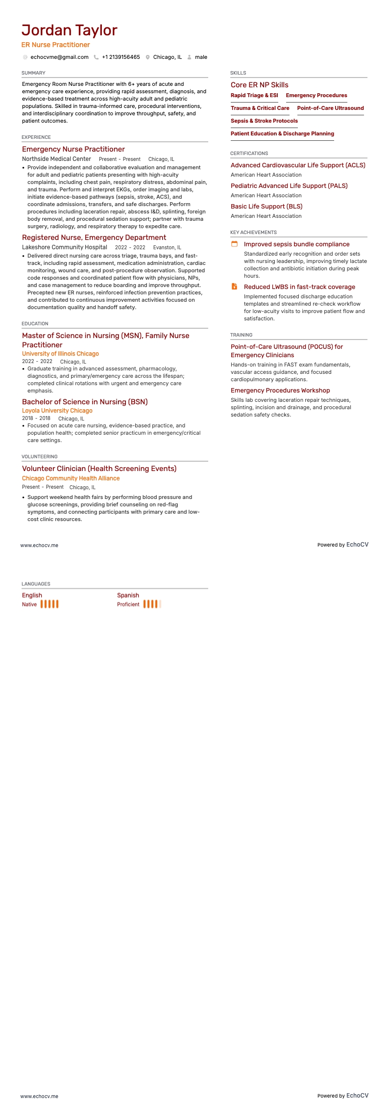 ER Nurse Practitioner example resume