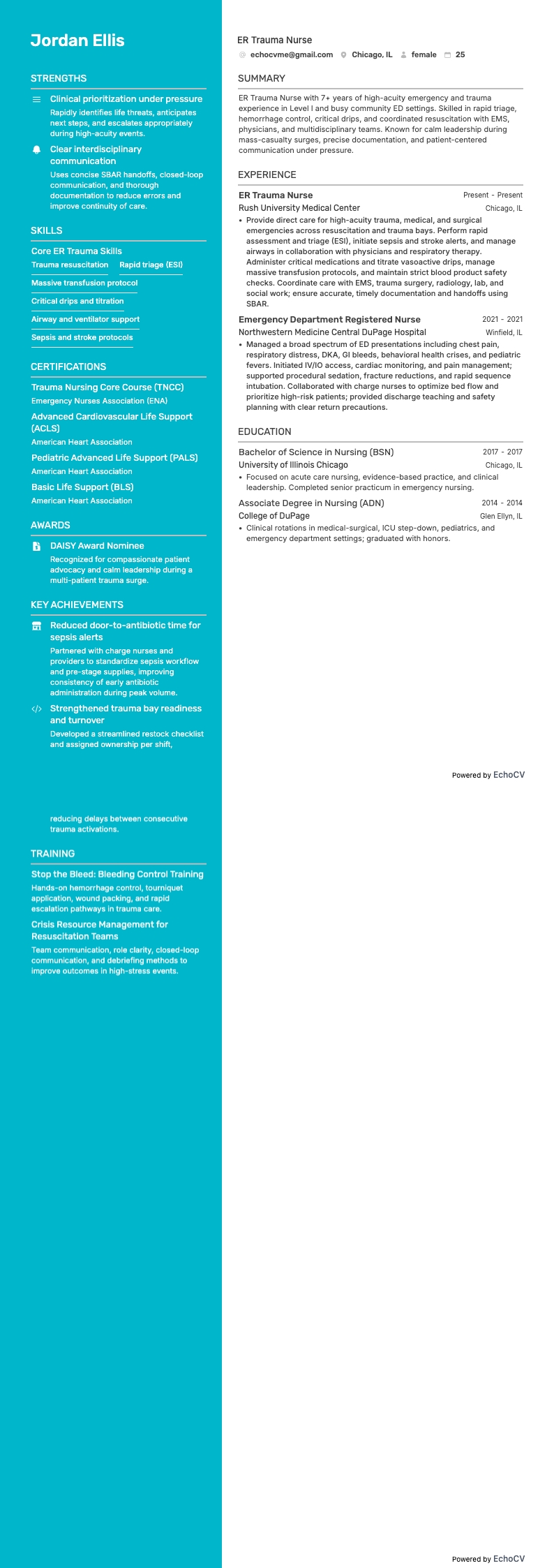 ER Trauma Nurse example resume