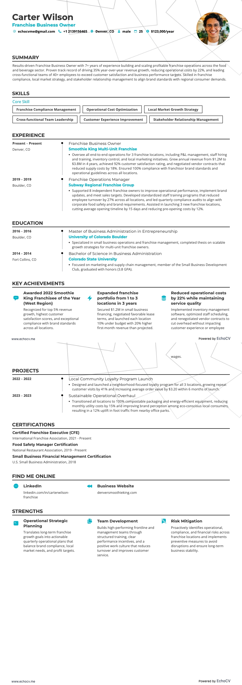 Franchiseägare example resume