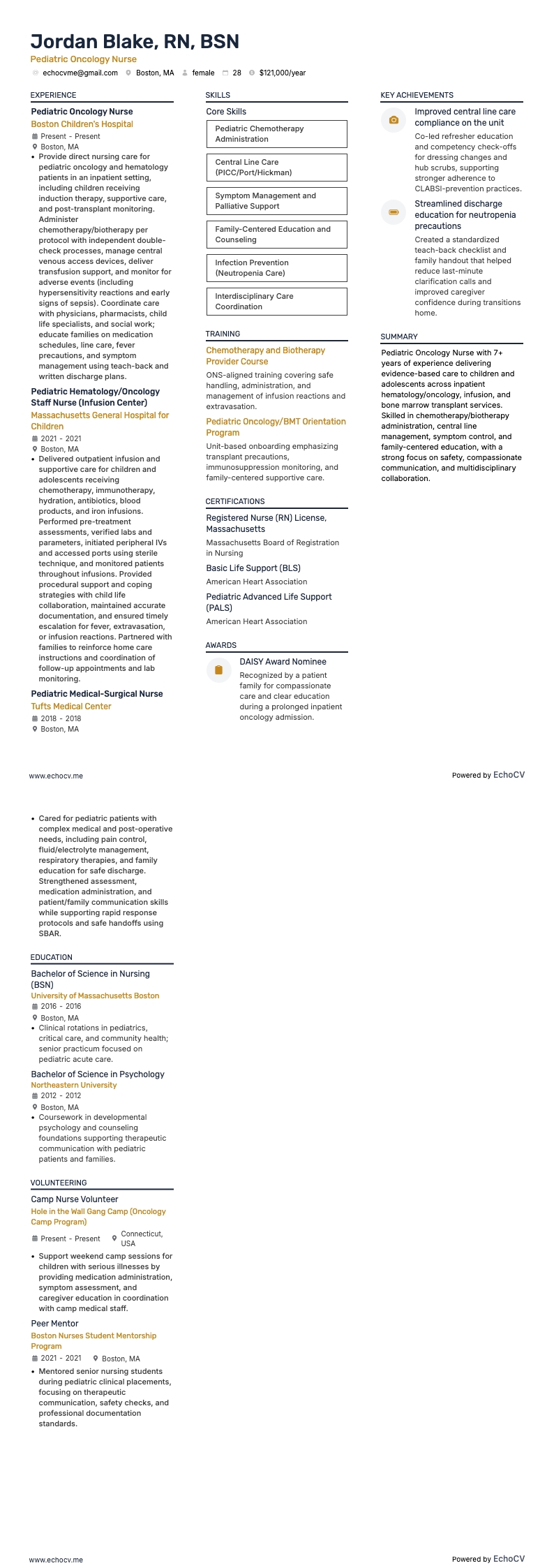 Pediatric Oncology Nurse example resume