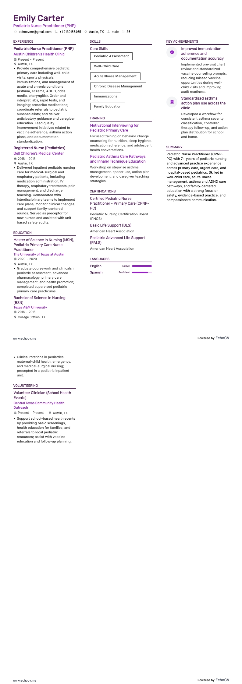 Pediatric Nurse Practitioner (PNP) example resume