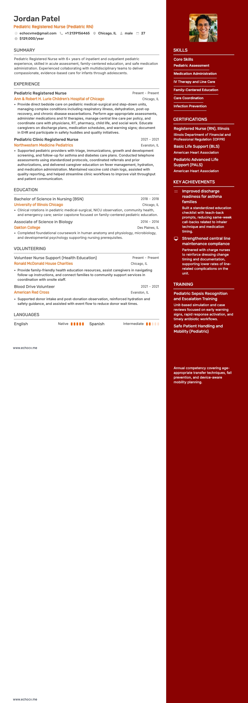 Pediatric Registered Nurse (Pediatric RN) example resume