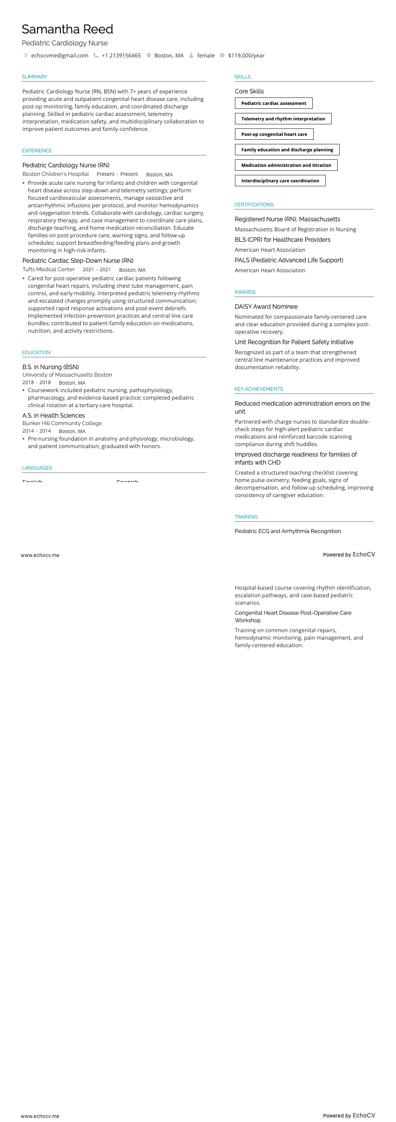 Pediatric Cardiology Nurse example resume