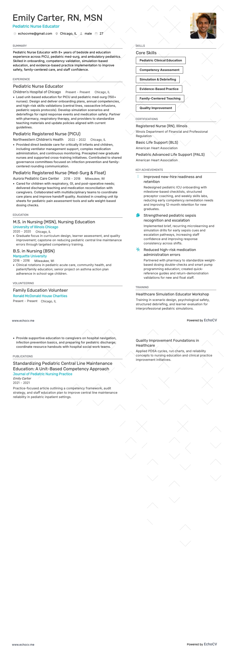 Pediatric Nurse Educator example resume