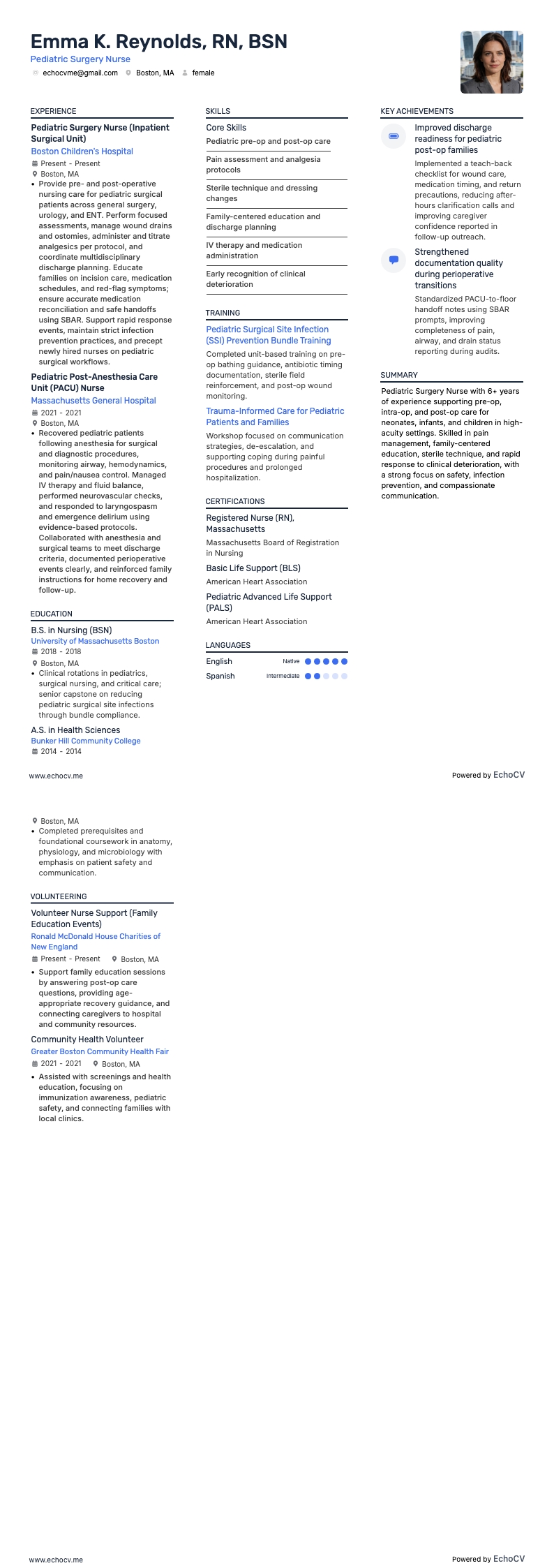 Pediatric Surgery Nurse example resume