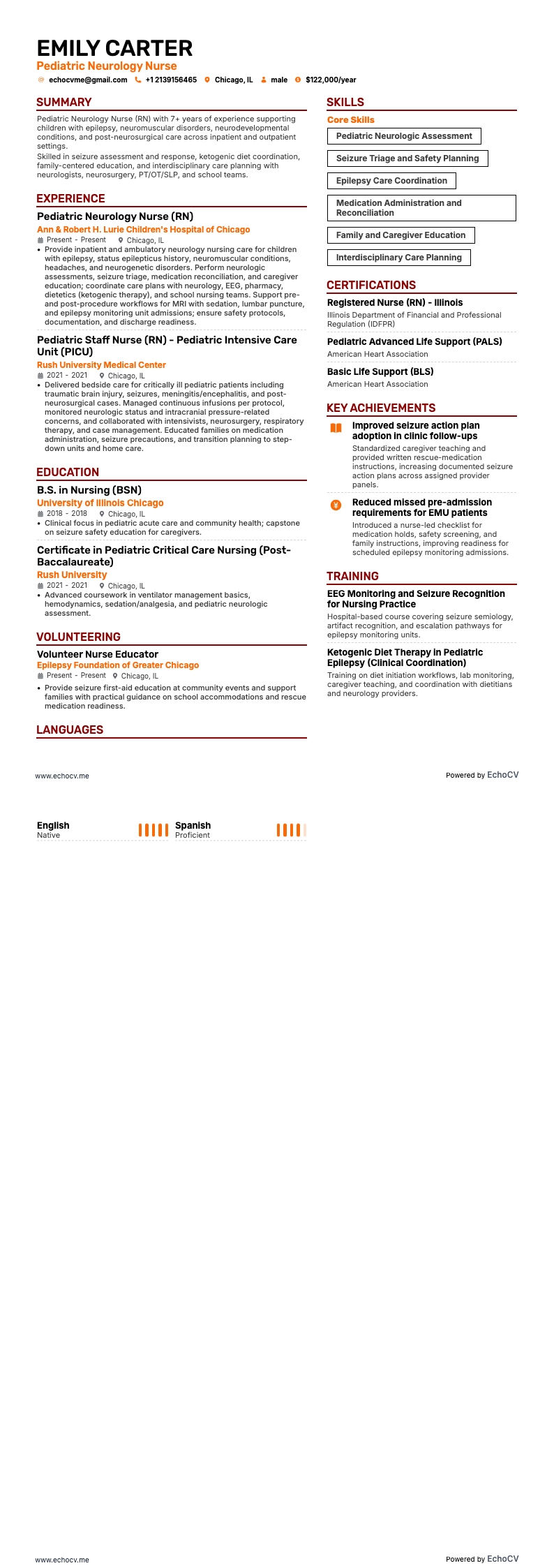 Pediatric Neurology Nurse example resume