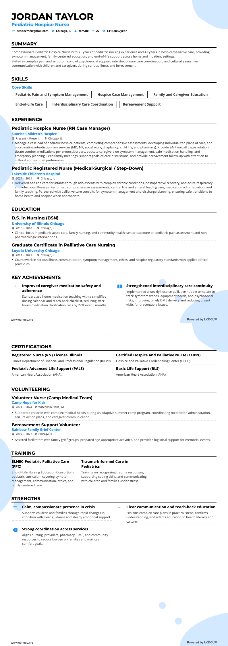 Pediatric Hospice Nurse example resume