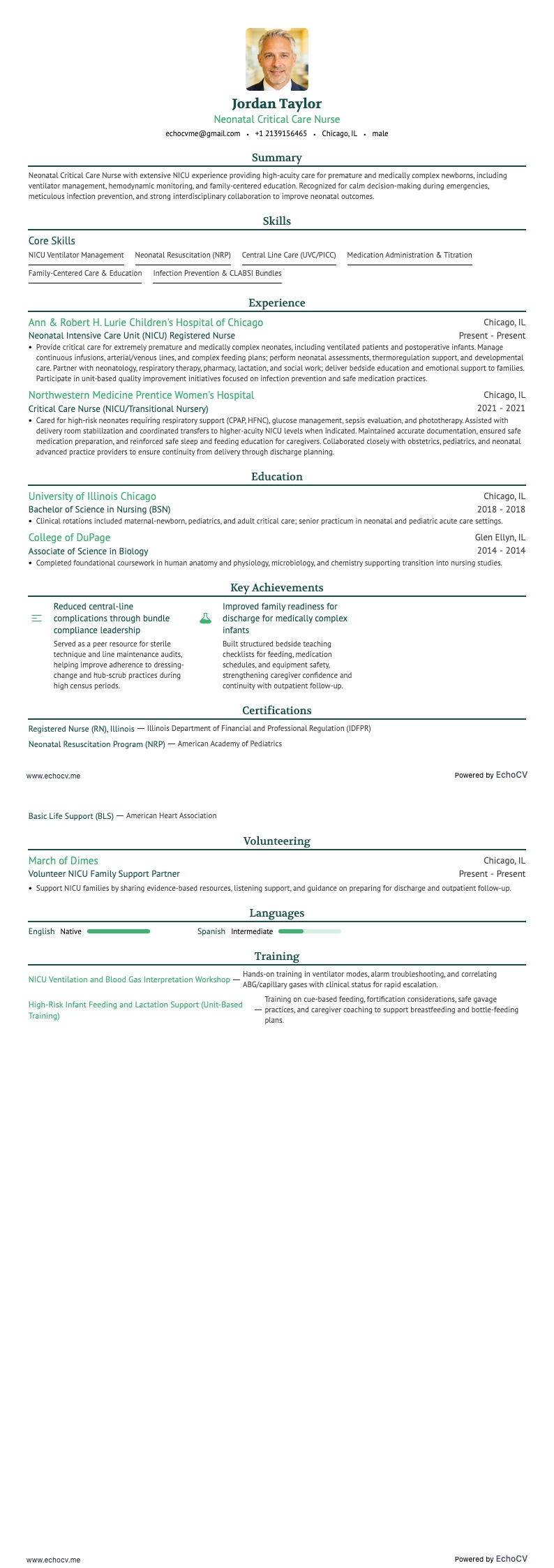Neonatal Critical Care Nurse example resume
