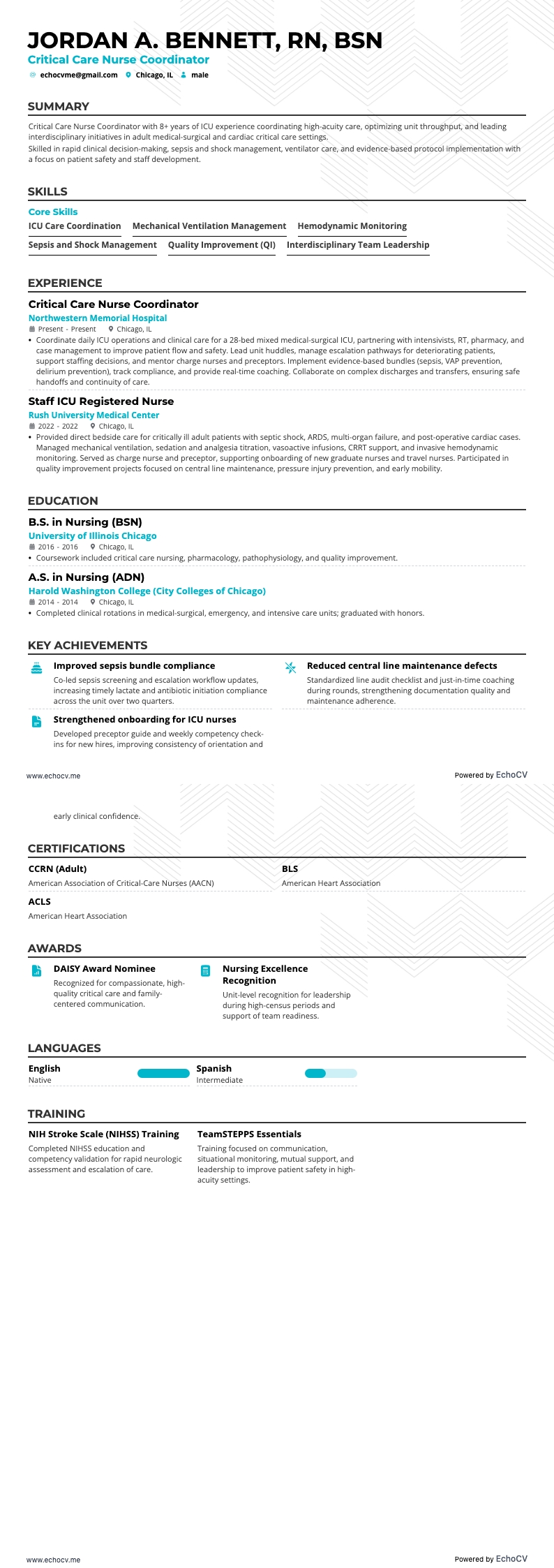 Critical Care Nurse Coordinator example resume