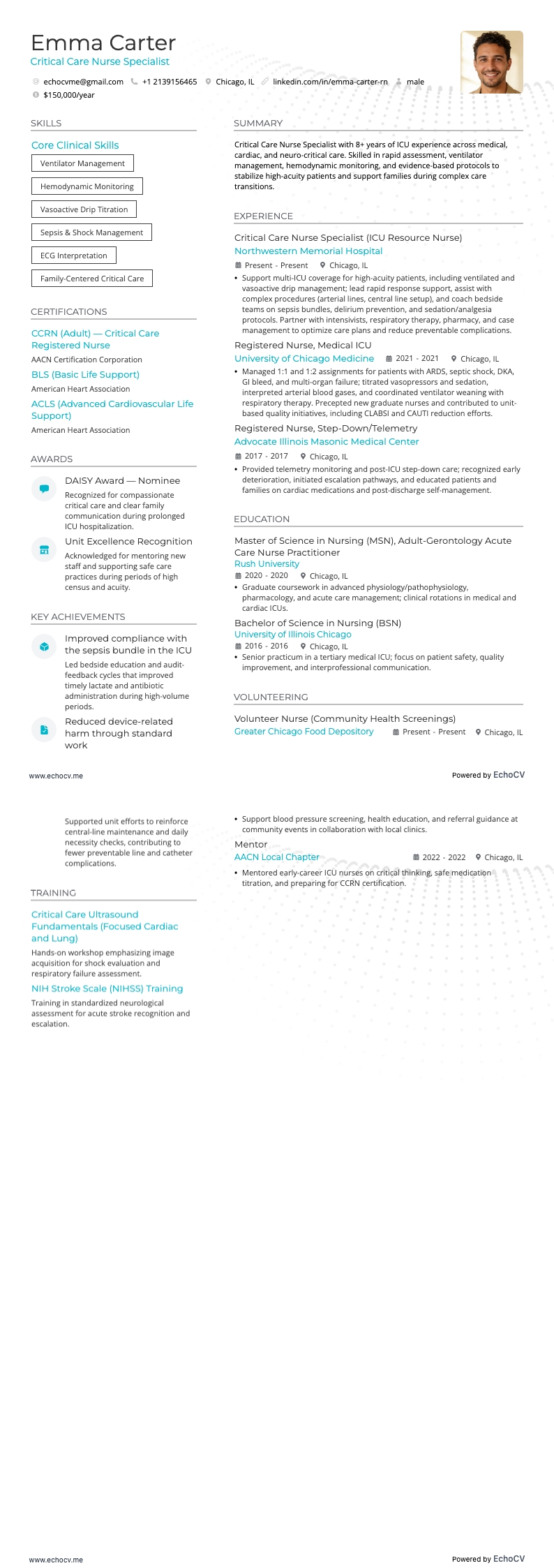 Critical Care Nurse Specialist example resume