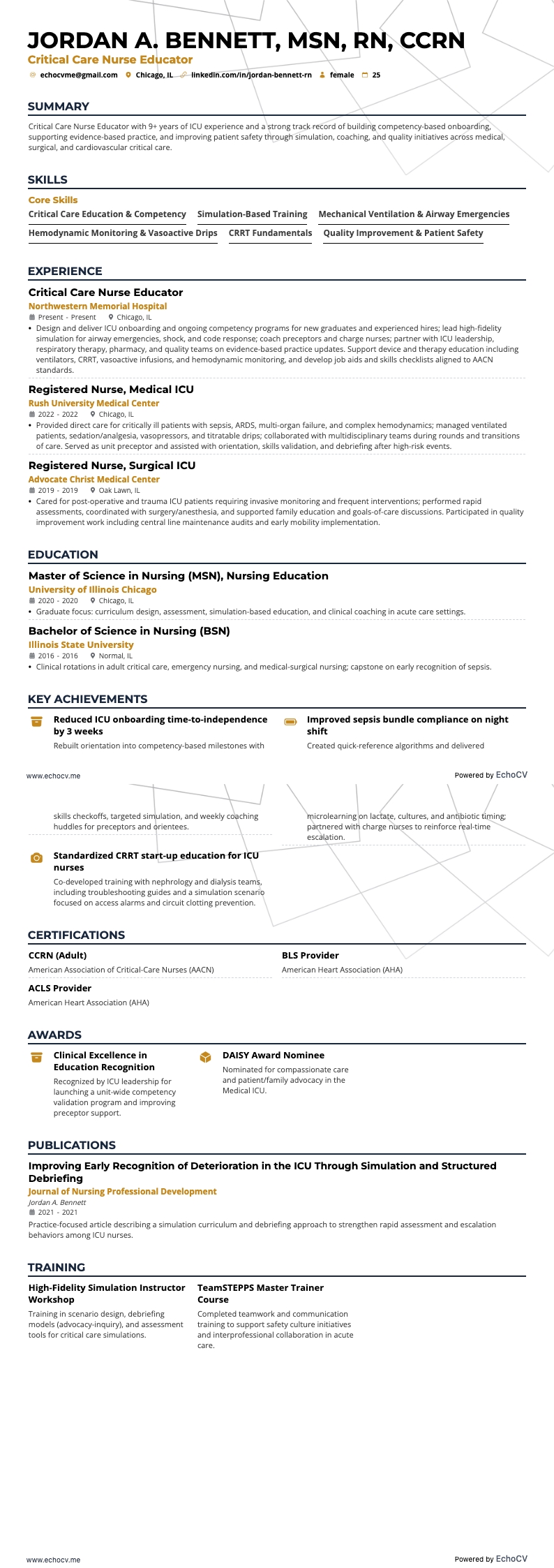 Critical Care Nurse Educator example resume