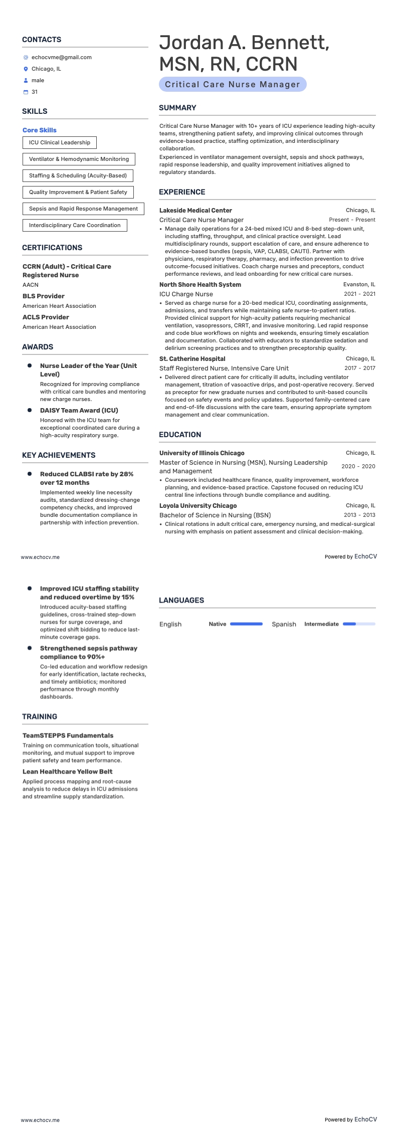 Critical Care Nurse Manager example resume