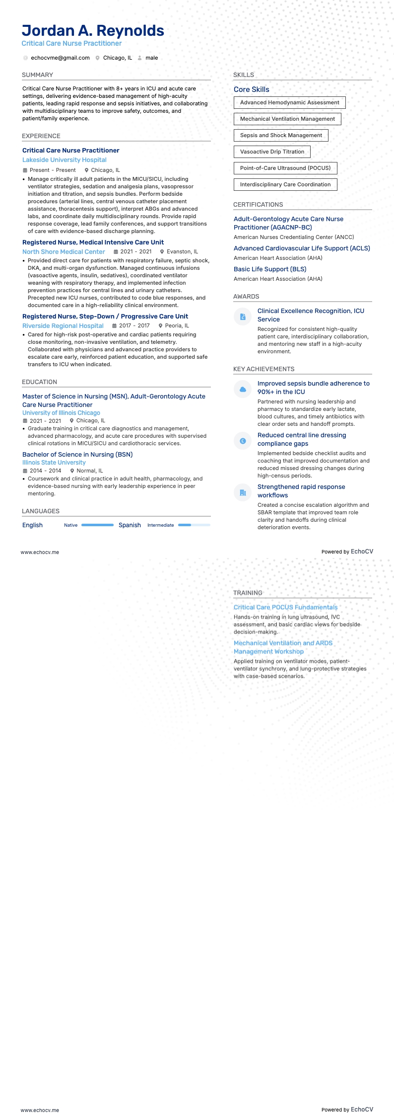 Critical Care Nurse Practitioner example resume