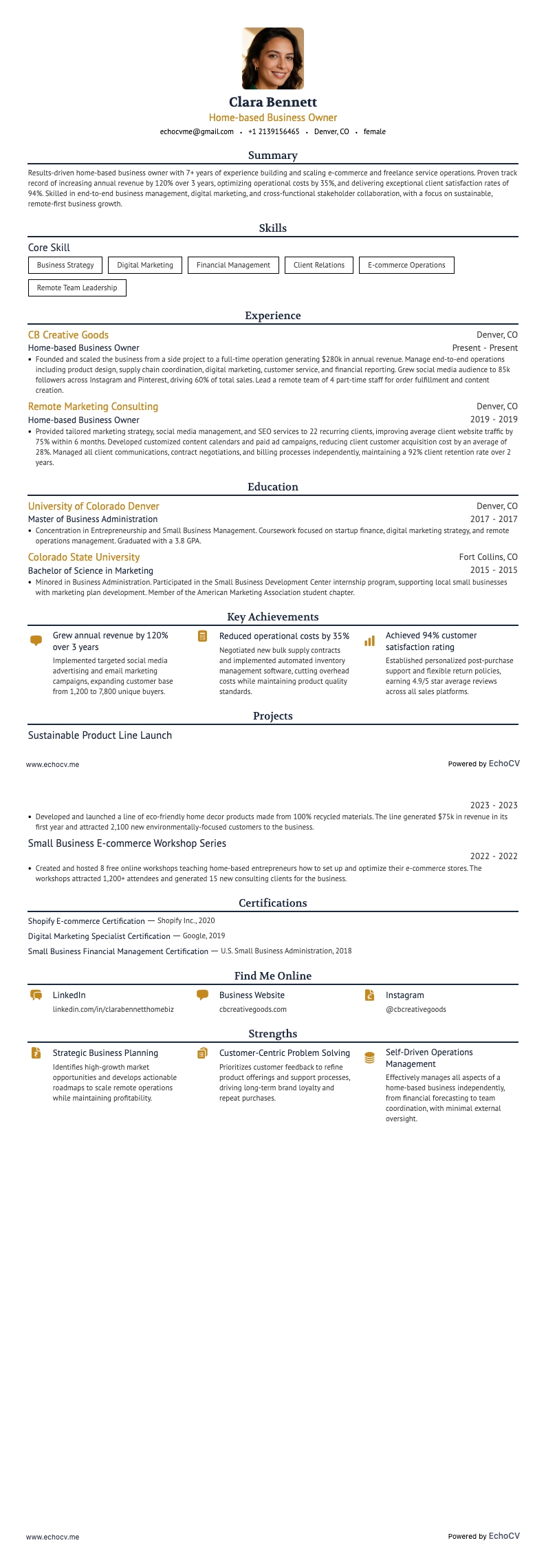 Ägare av hemföretag example resume