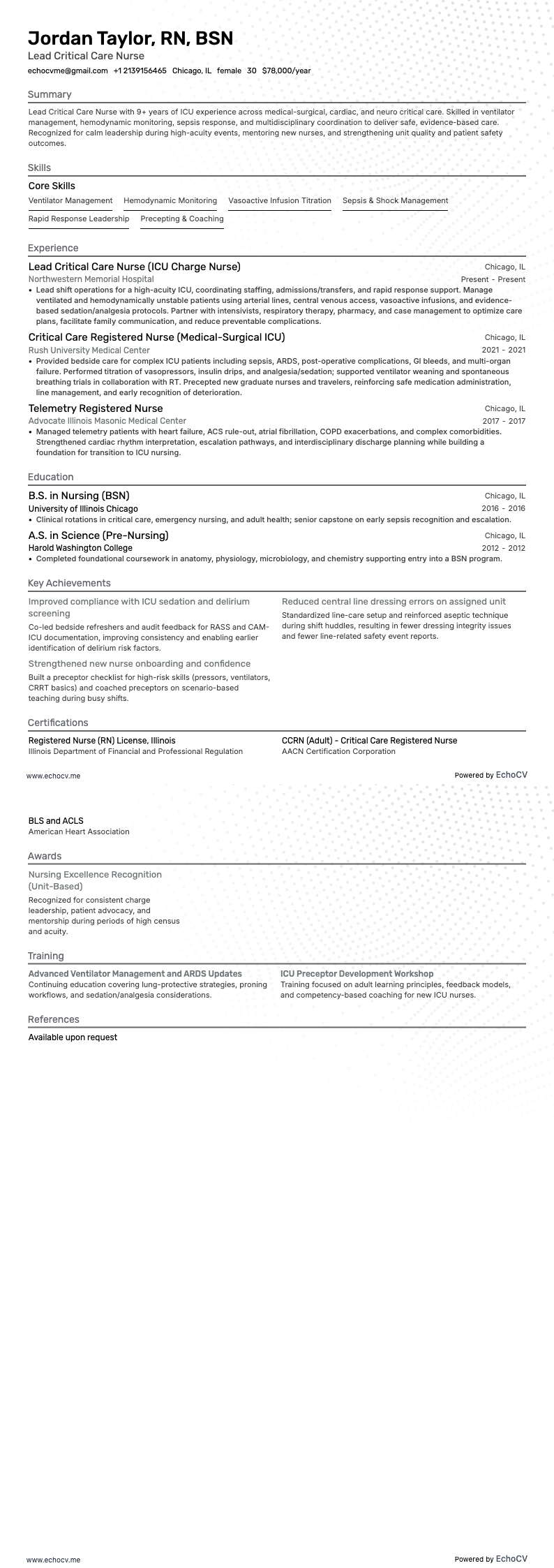 Lead Critical Care Nurse example resume