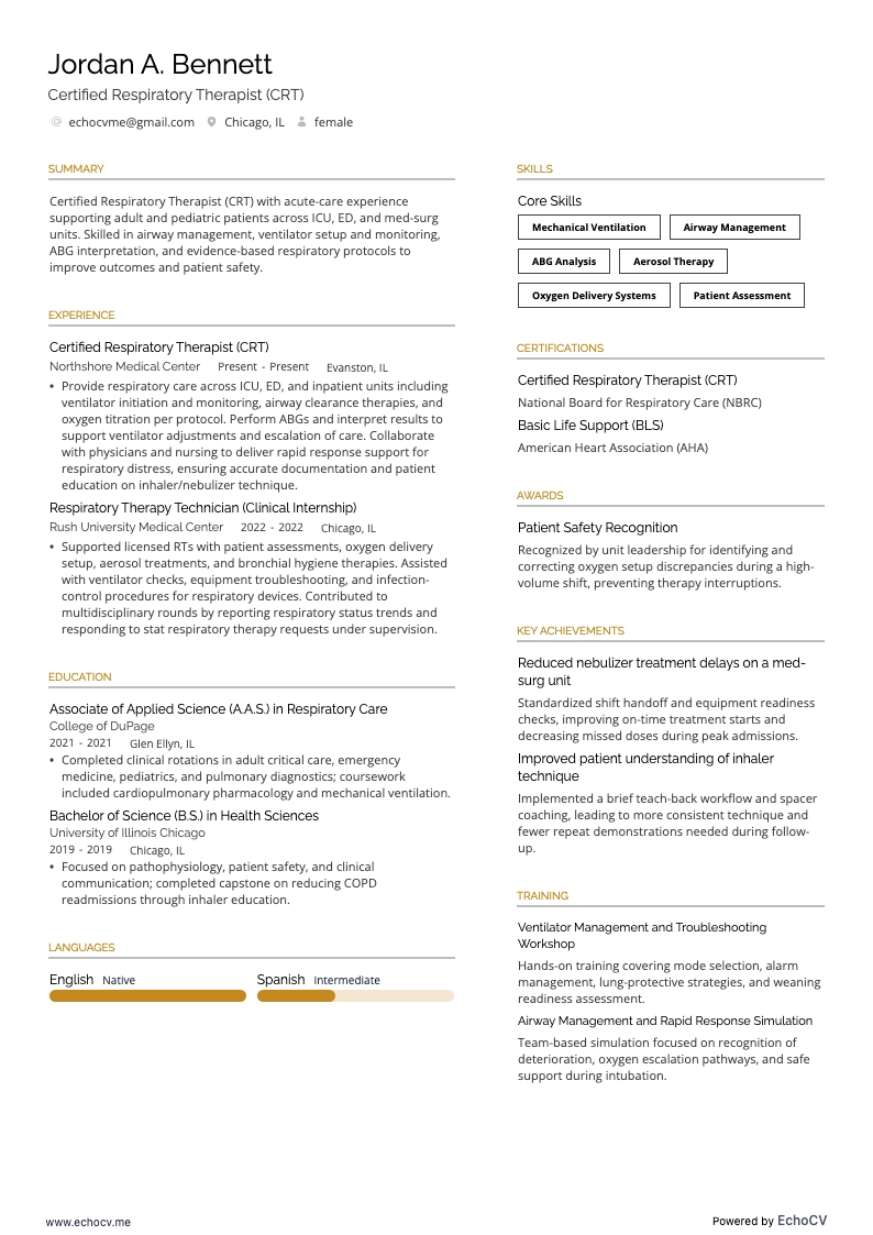 Certified Respiratory Therapist (CRT) example resume