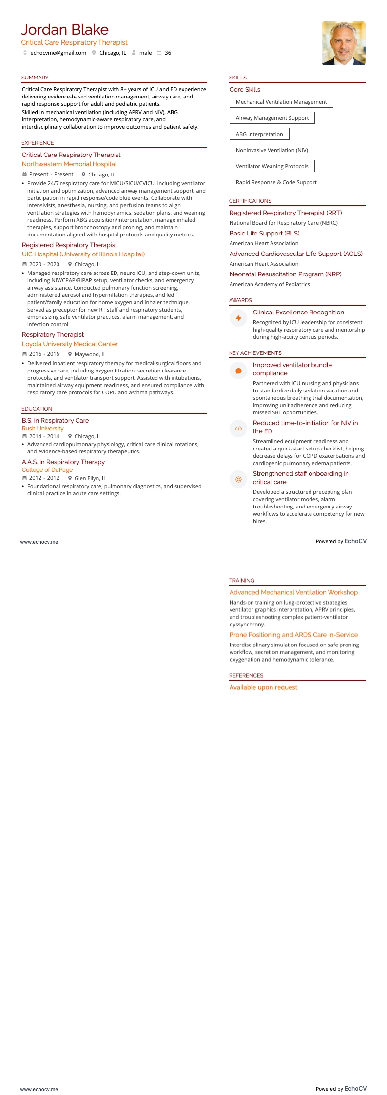 Critical Care Respiratory Therapist example resume