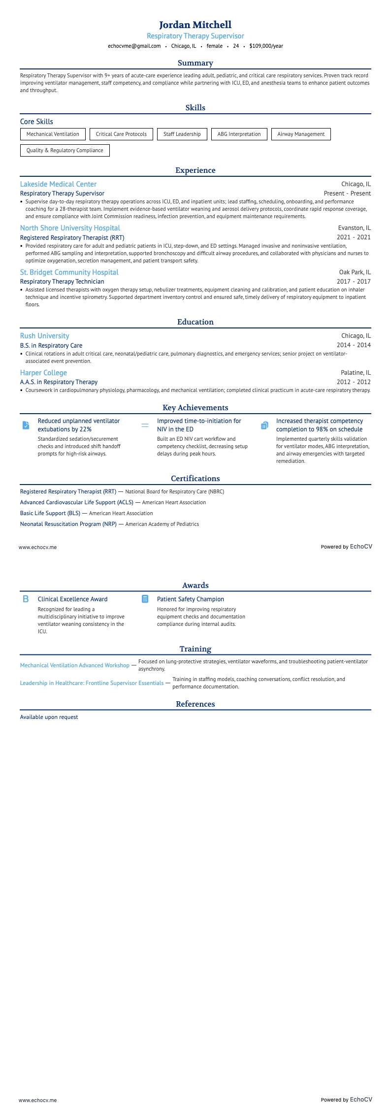 Respiratory Therapy Supervisor example resume