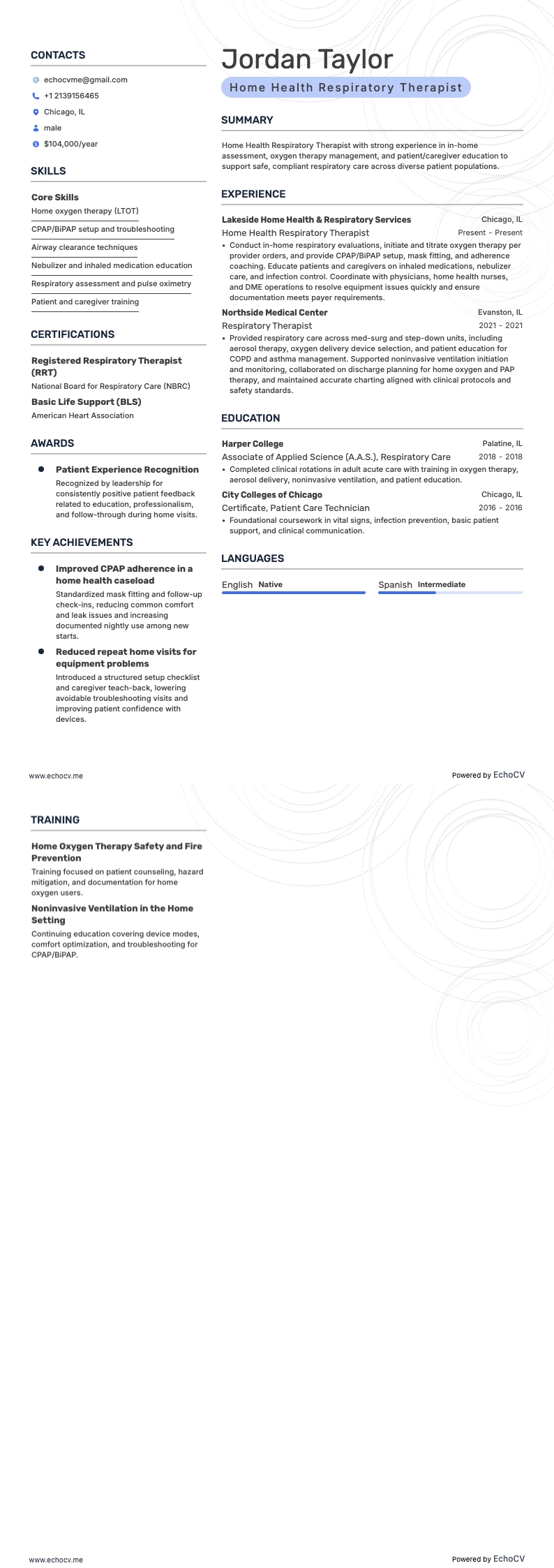 Home Health Respiratory Therapist example resume