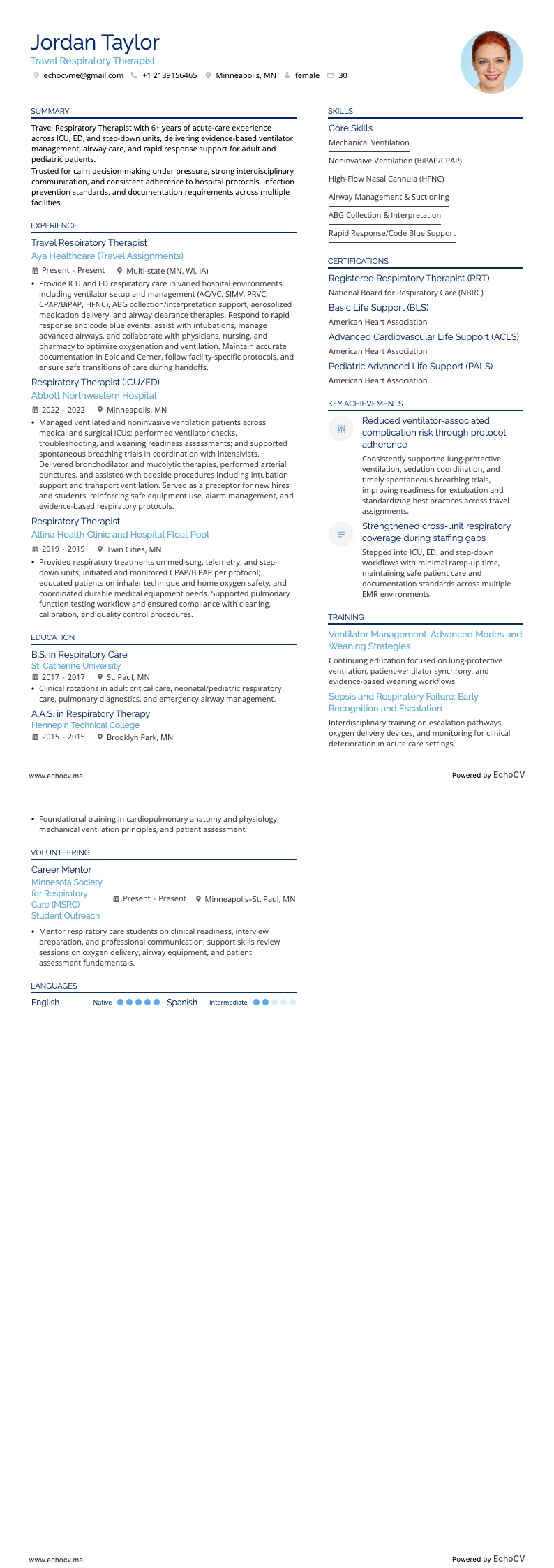 Travel Respiratory Therapist example resume