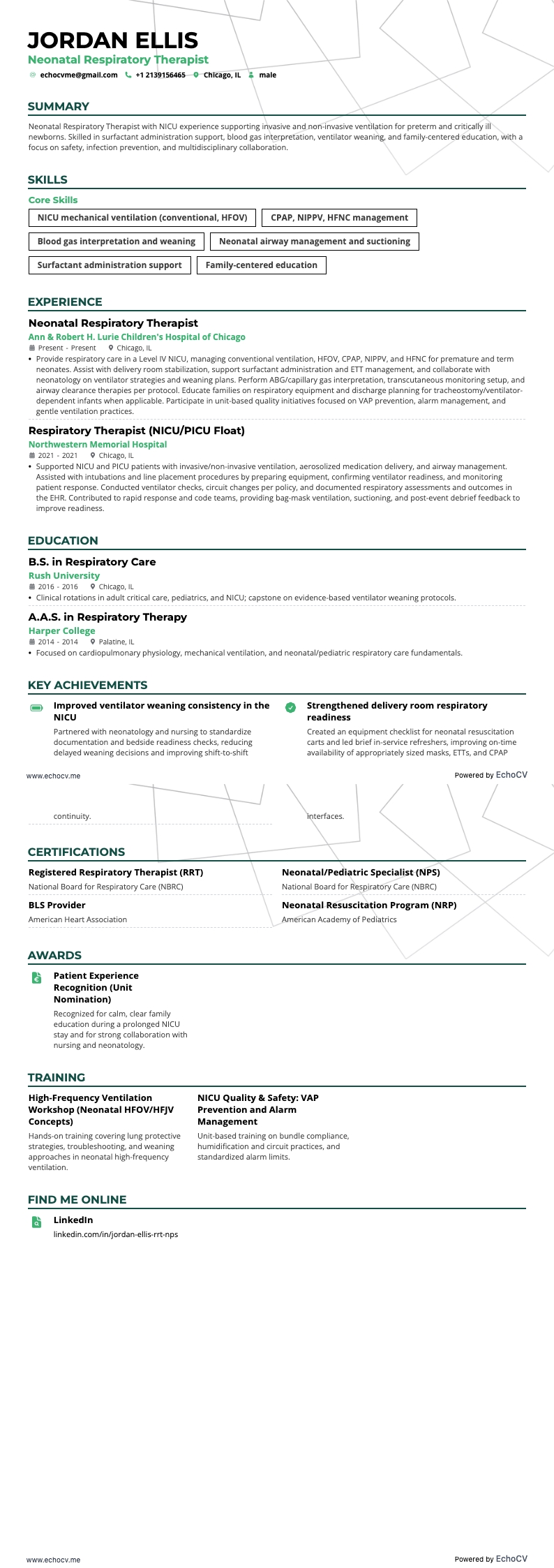 Neonatal Respiratory Therapist example resume