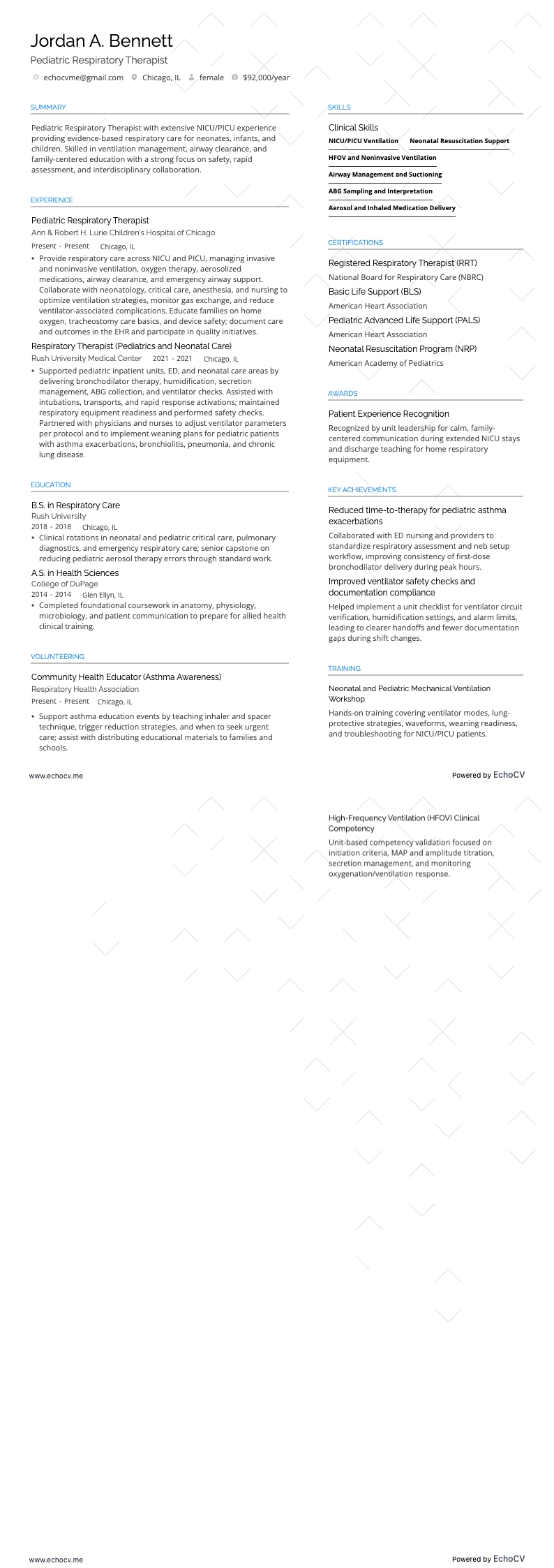 Pediatric Respiratory Therapist example resume