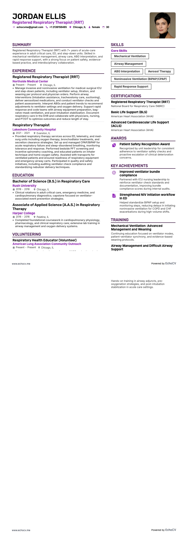 Registered Respiratory Therapist (RRT) example resume