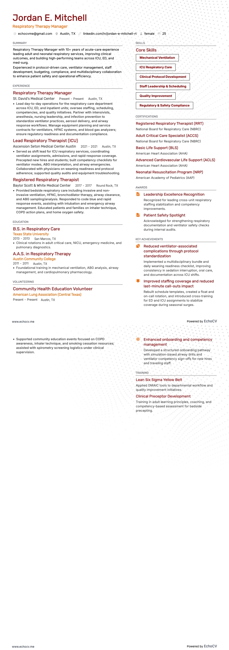 Respiratory Therapy Manager example resume