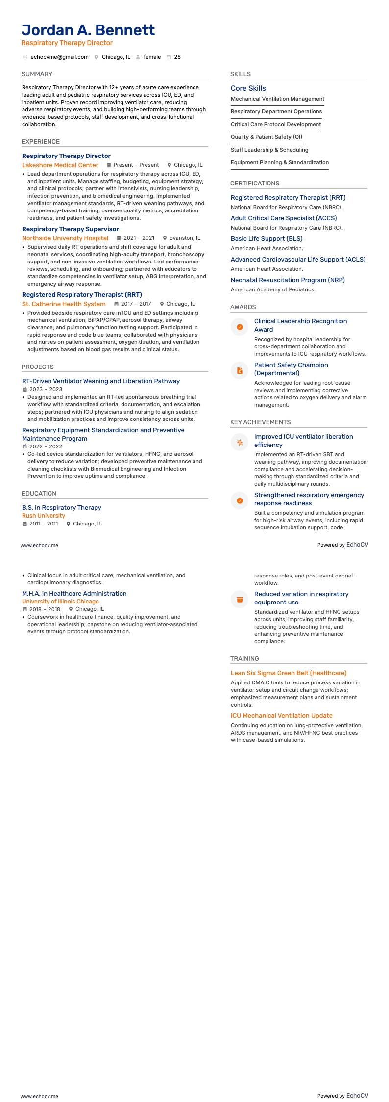 Respiratory Therapy Director example resume