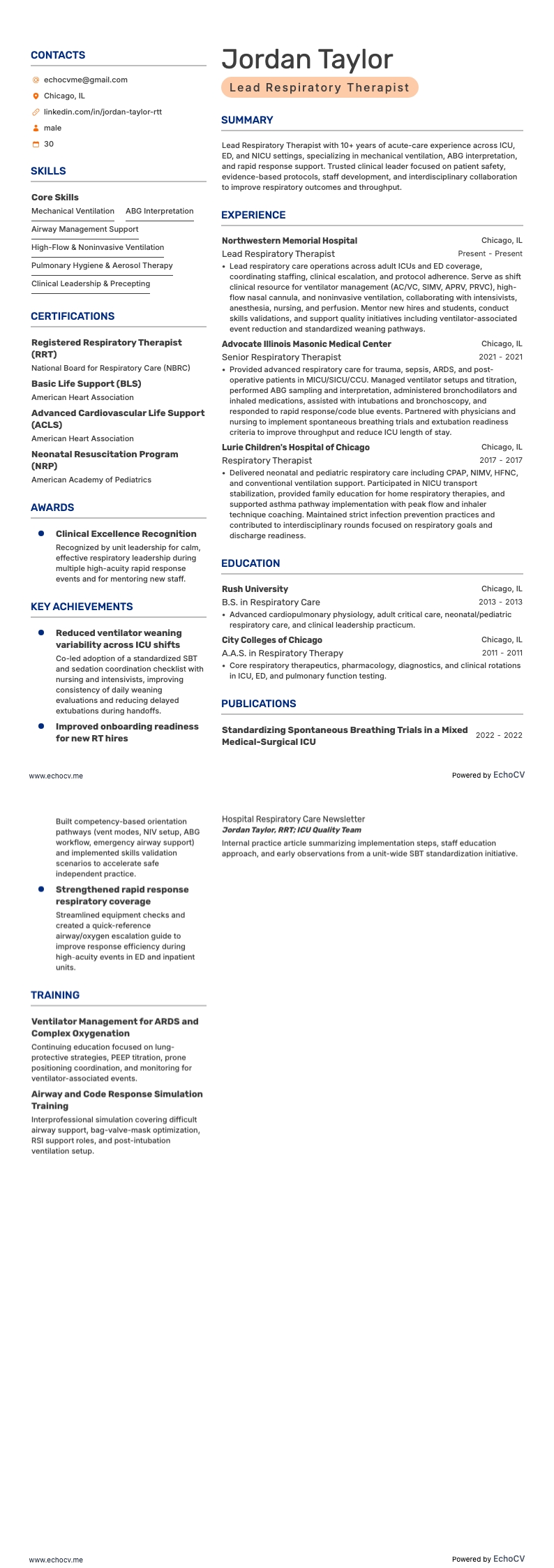 Lead Respiratory Therapist example resume