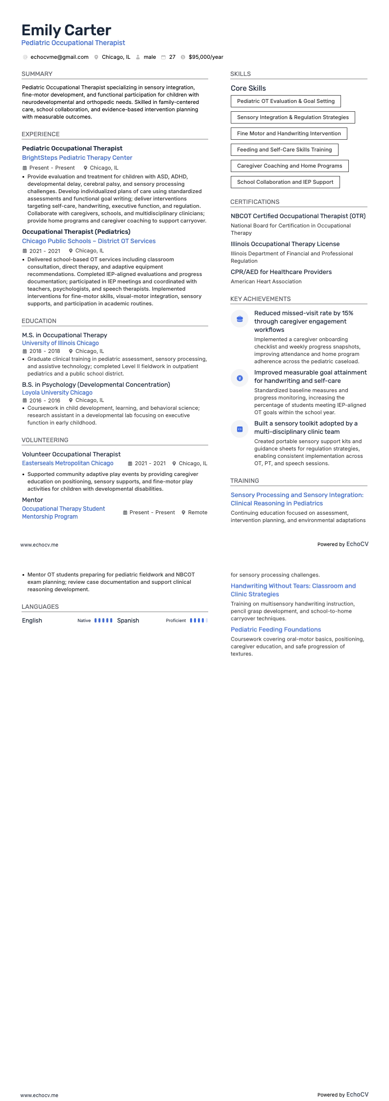 Pediatric Occupational Therapist example resume