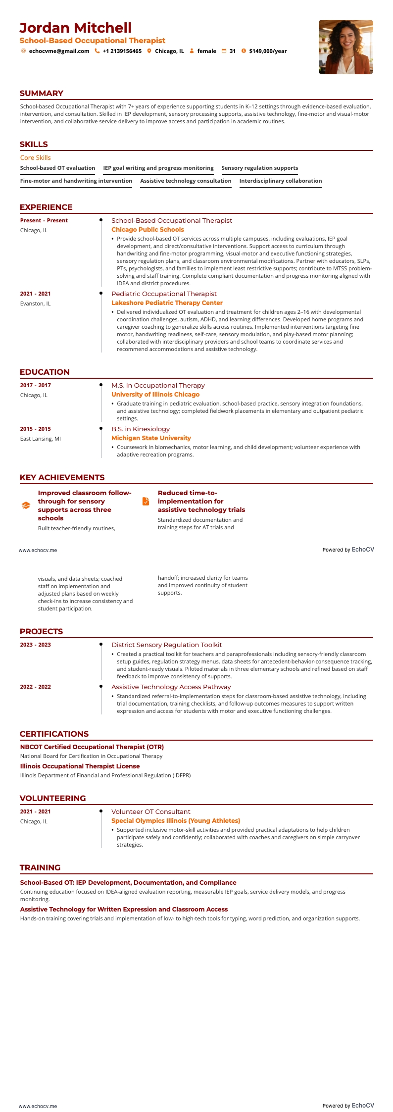 School-Based Occupational Therapist example resume