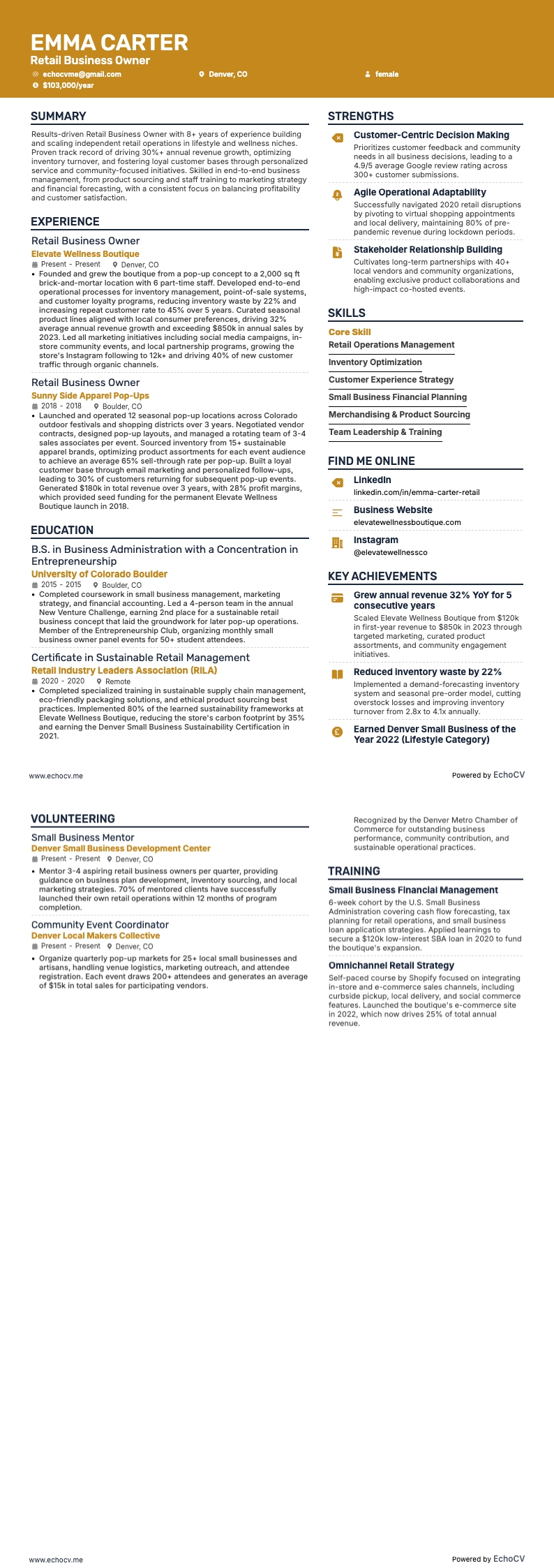 Ägare av detaljhandelsföretag example resume