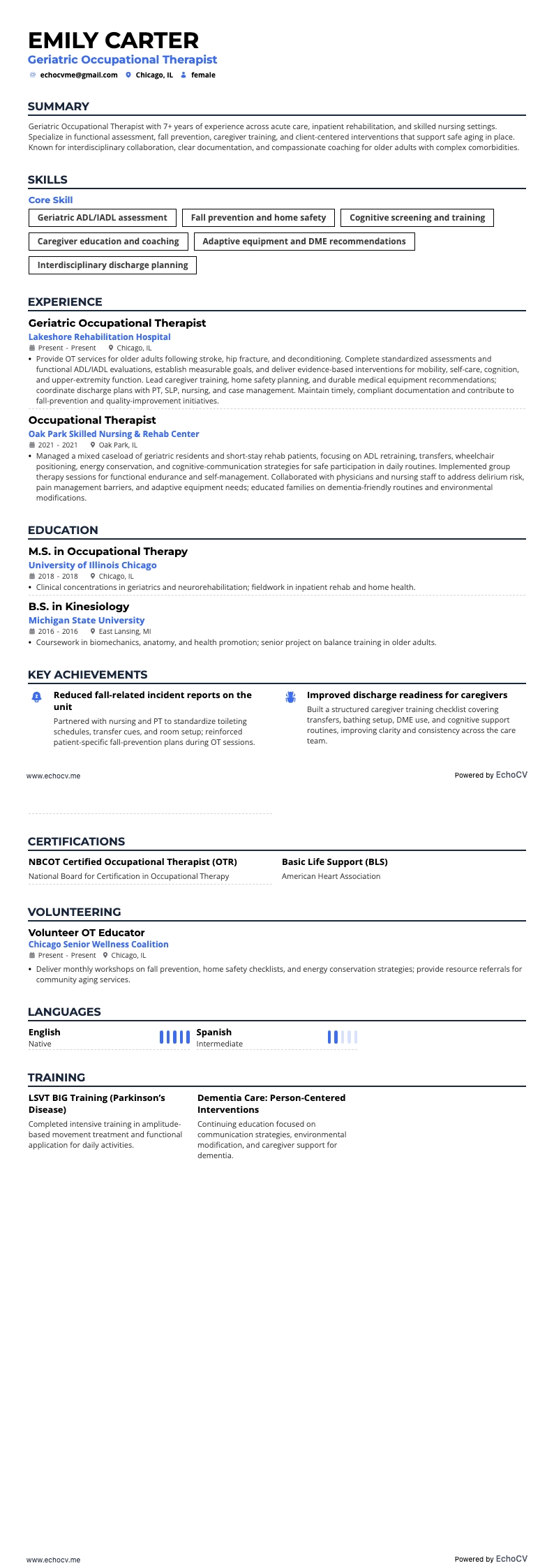 Geriatric Occupational Therapist example resume