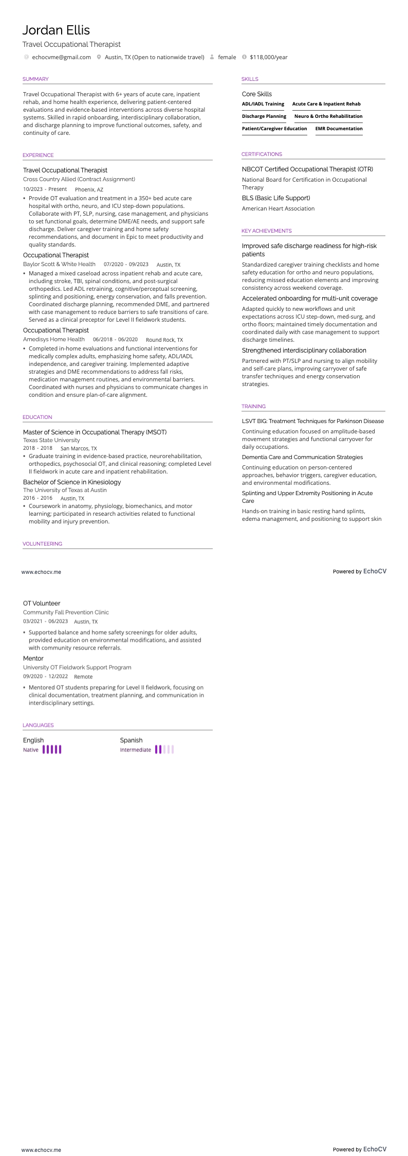 Travel Occupational Therapist example resume