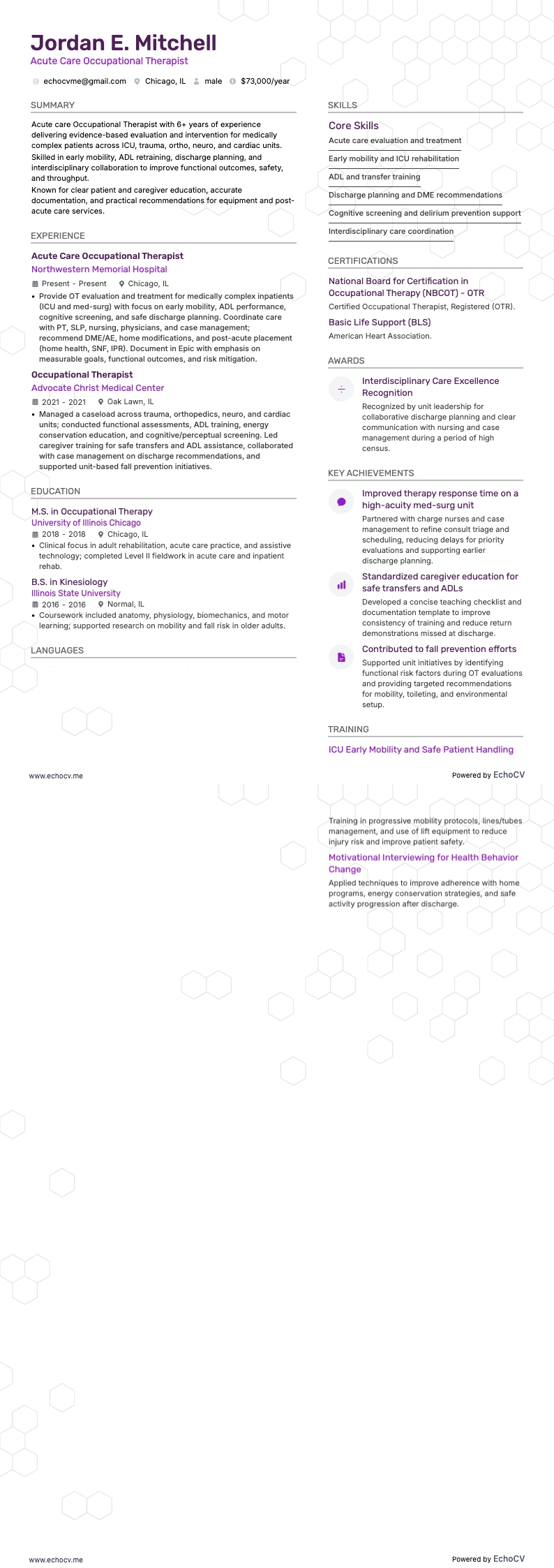 Acute Care Occupational Therapist example resume