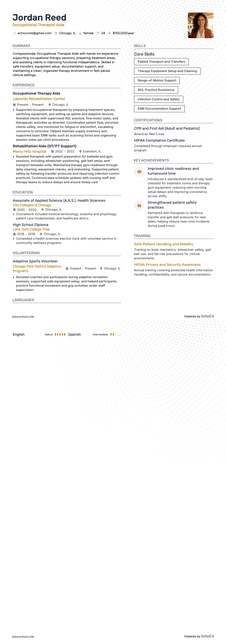 Occupational Therapist Aide example resume