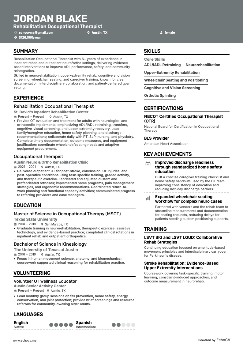Rehabilitation Occupational Therapist example resume